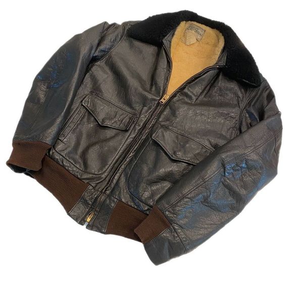 L.L. Bean Other - LL Bean Cursive Label Vintage 60s Mouton Fur Aviator Leather Bomber Jacket US 44